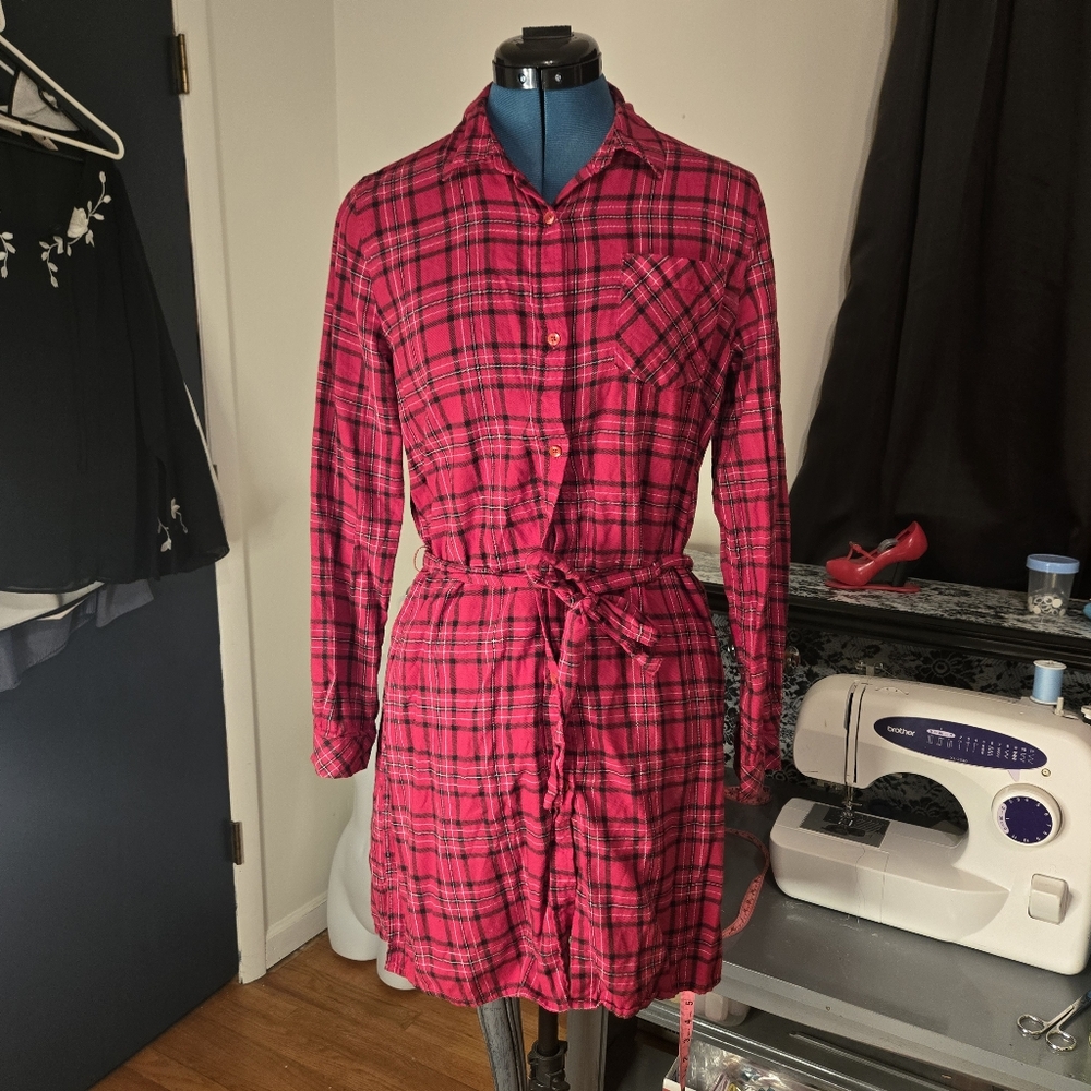 Plaid Long Sleeve Dress - Red